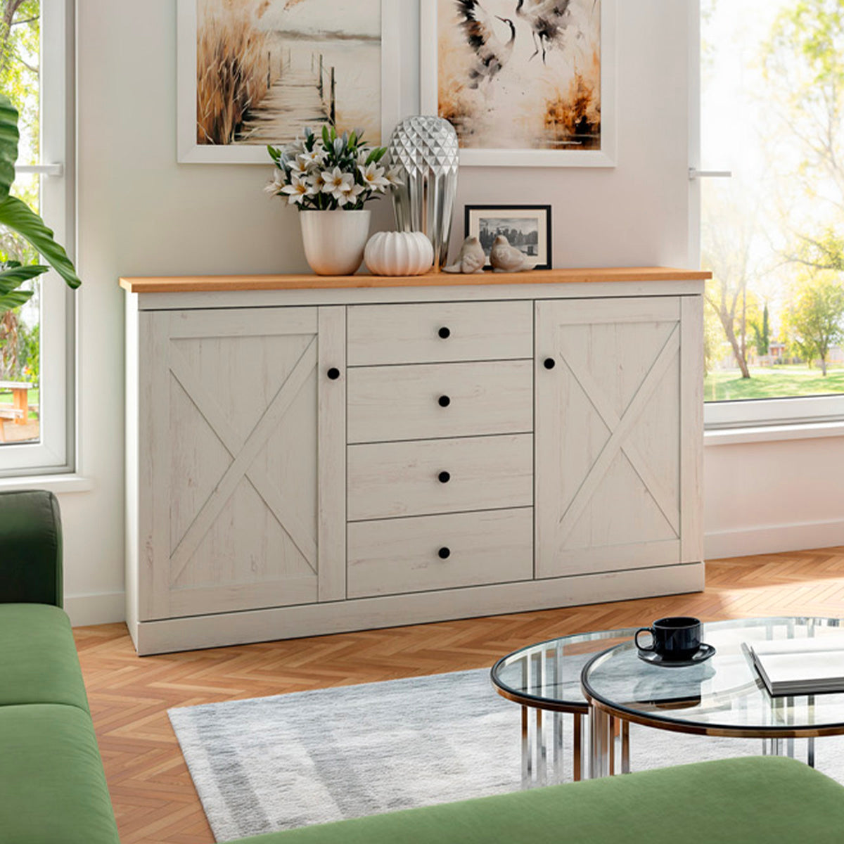 Buffet 2 portes 4 tiroirs Victoria Blanc et Bois