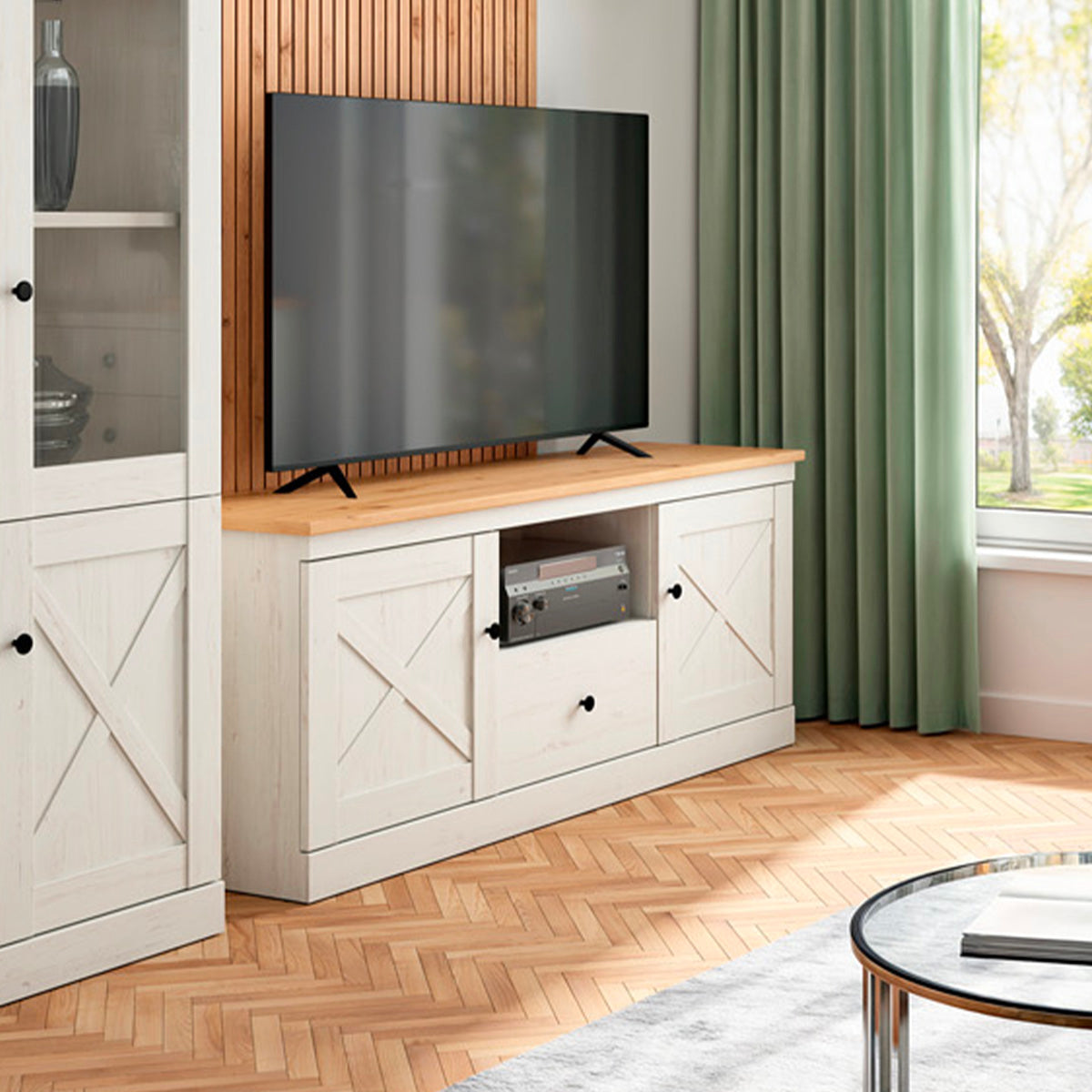 Meuble TV 2 portes 1 tiroir 153 cm Victoria Blanc et Bois