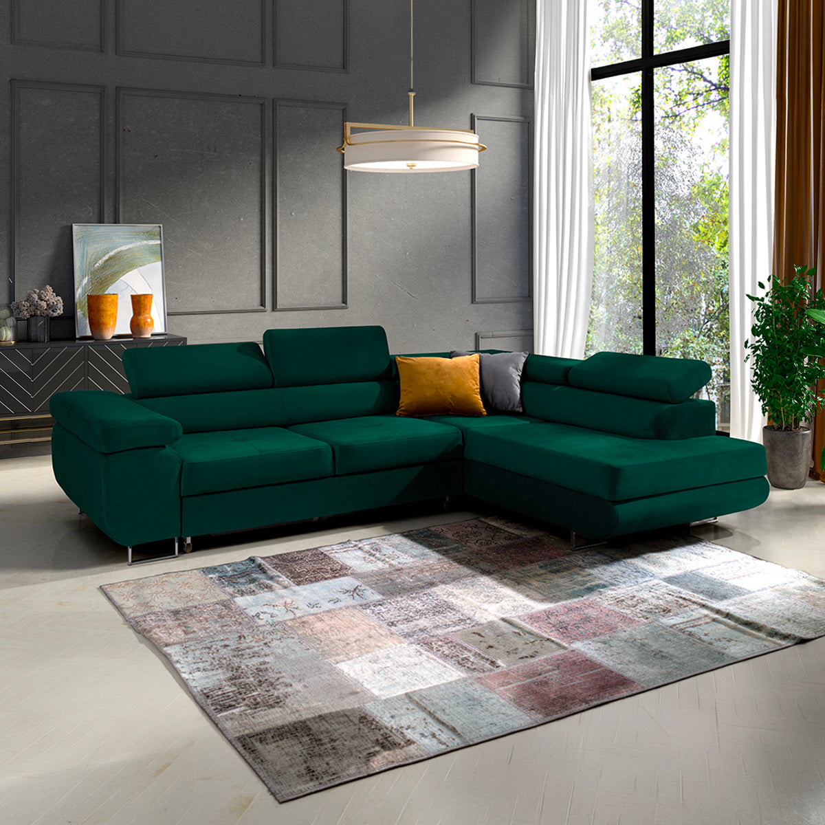 Canapé d'angle convertible droit 4 places Wilson velours Vert sapin