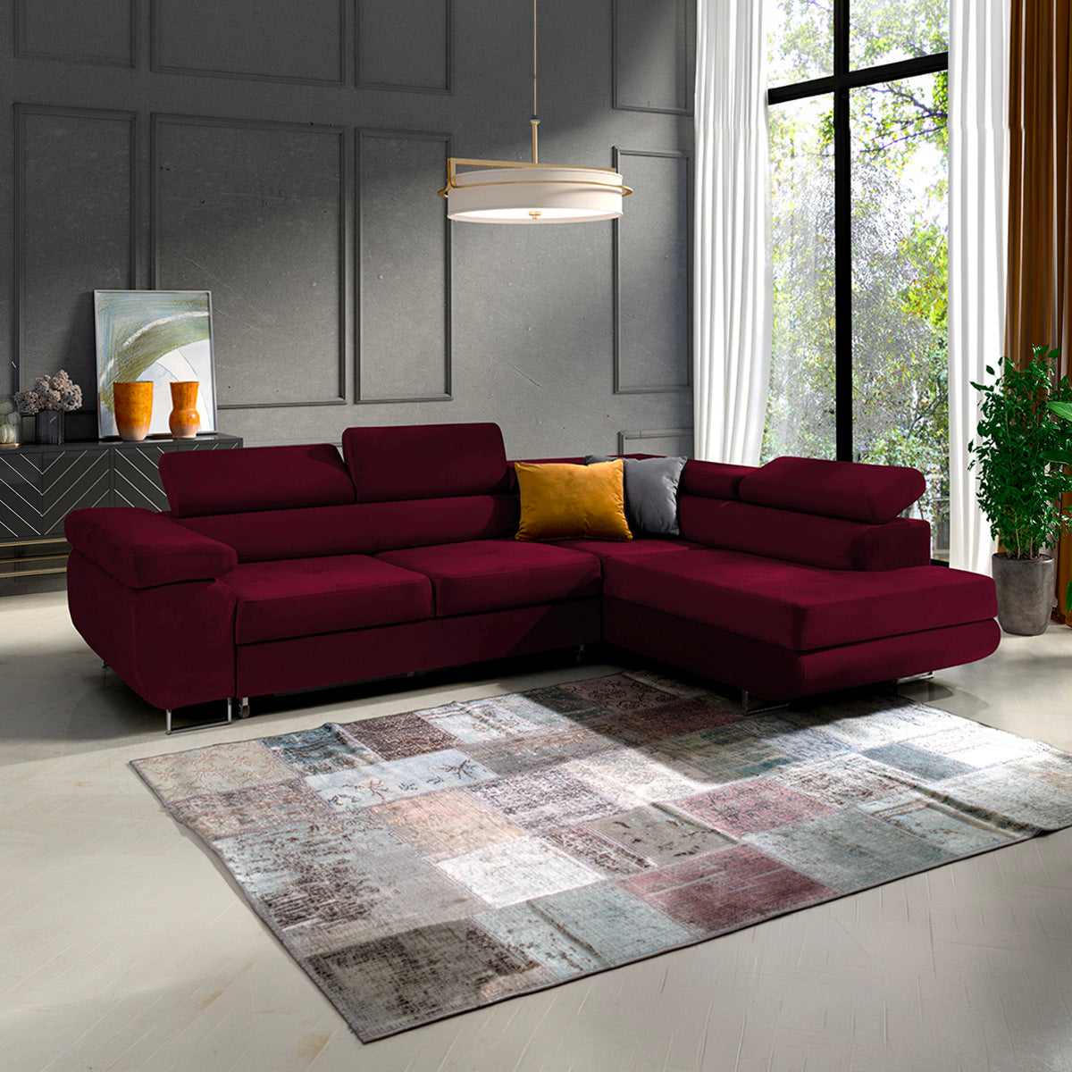 Canapé d'angle convertible droit 4 places Wilson velours Bordeaux
