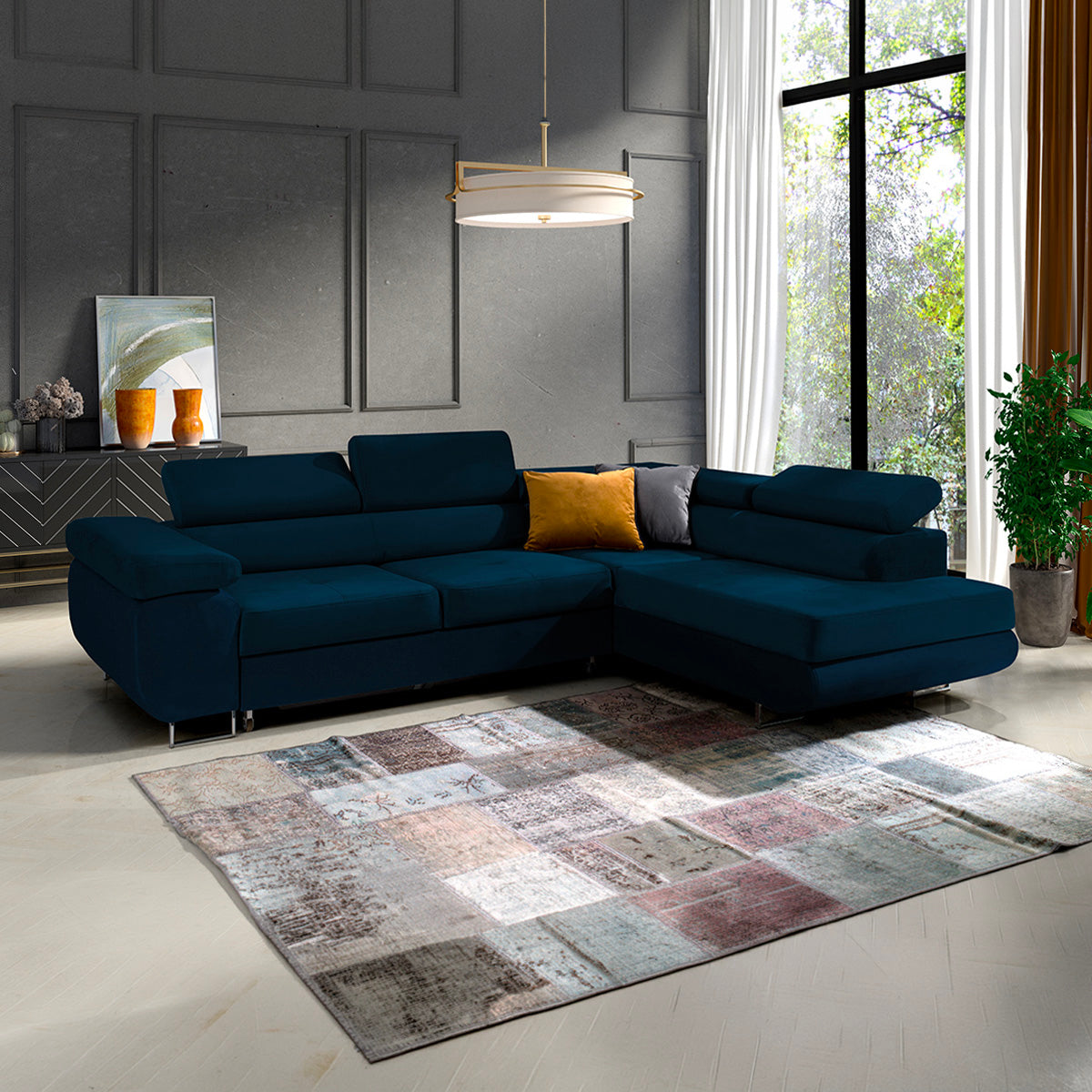 Canapé d'angle convertible droit 4 places Wilson velours Bleu