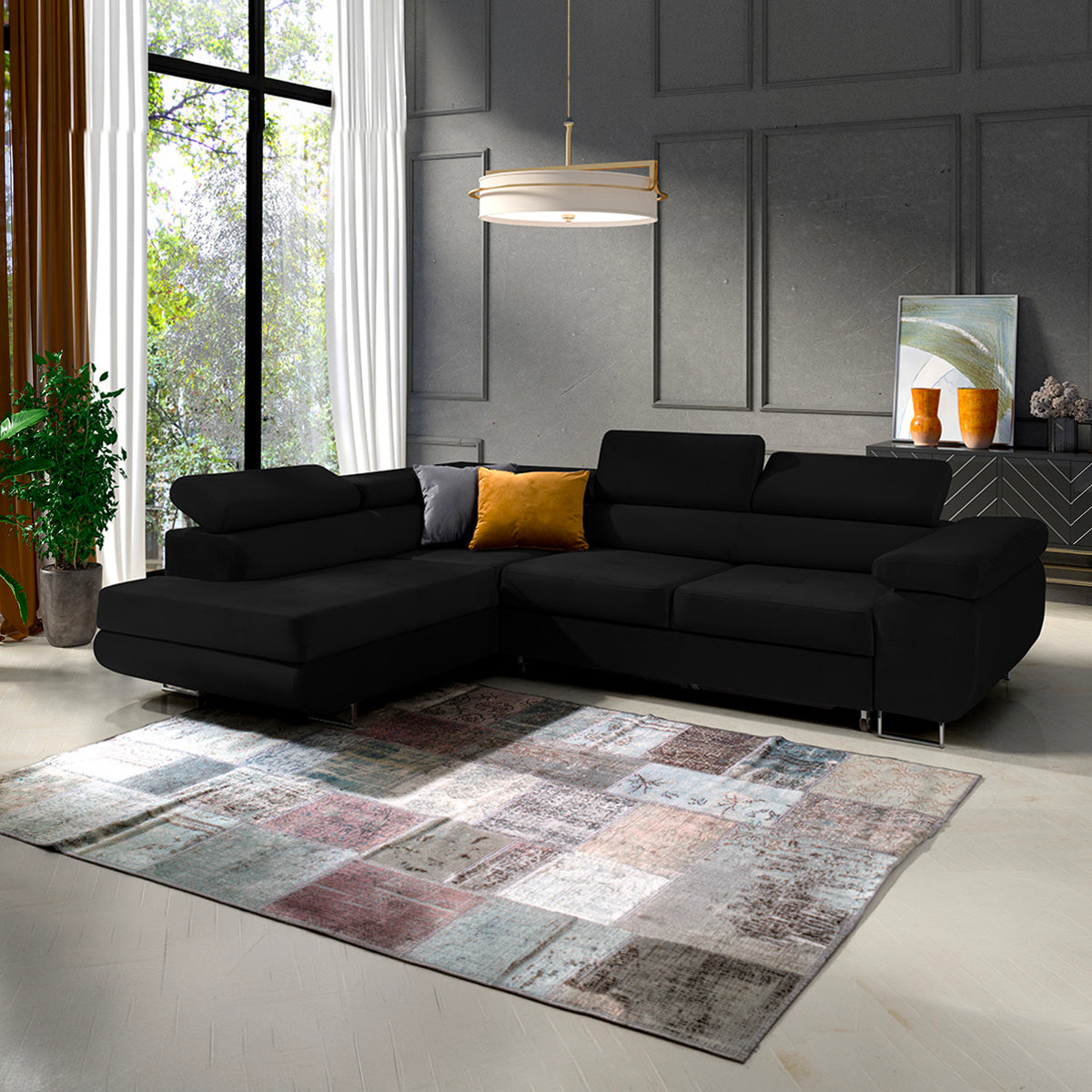 Canapé d'angle convertible gauche 4 places Wilson velours Noir