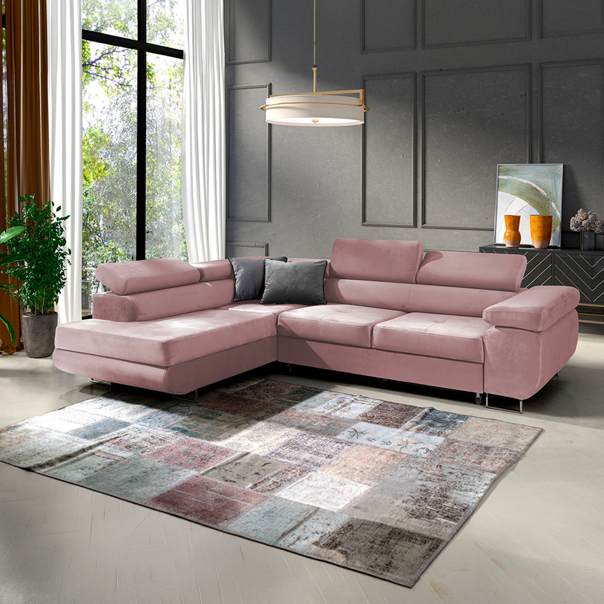 Canapé d'angle convertible gauche 4 places Wilson velours Rose