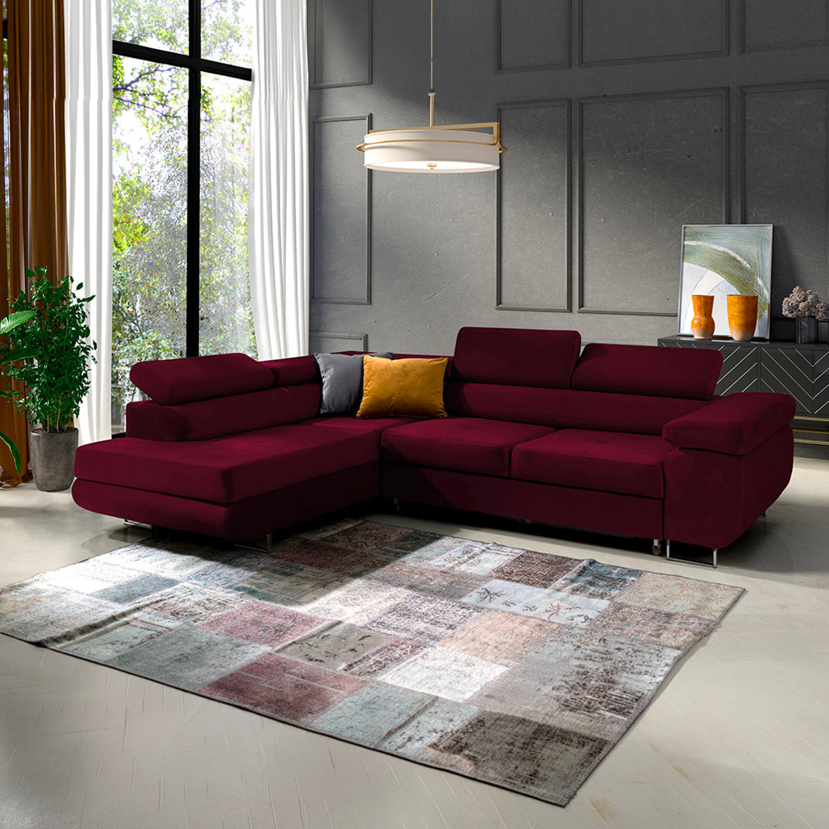 Canapé d'angle convertible gauche 4 places Wilson velours Bordeaux