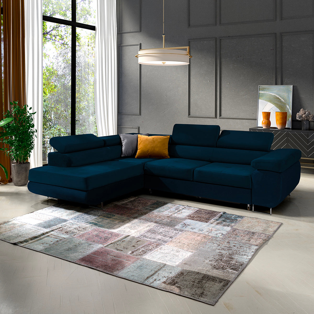 Canapé d'angle convertible gauche 4 places Wilson velours Bleu