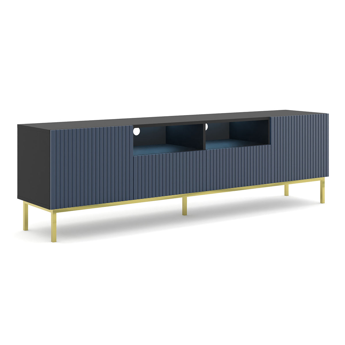 Meuble TV 2 portes 2 tiroirs 200 cm LED Philaé Bleu et Noir