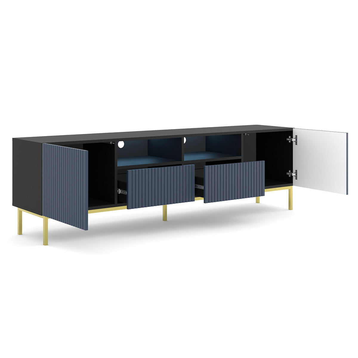 Meuble TV 2 portes 2 tiroirs 200 cm LED Philaé Bleu et Noir - vue 2