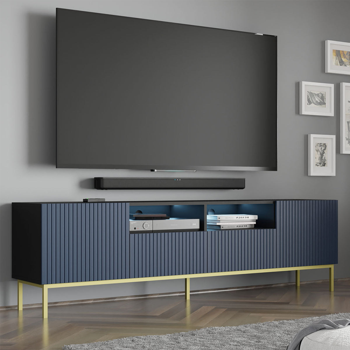 Meuble TV 2 portes 2 tiroirs 200 cm LED Philaé Bleu et Noir - vue 3