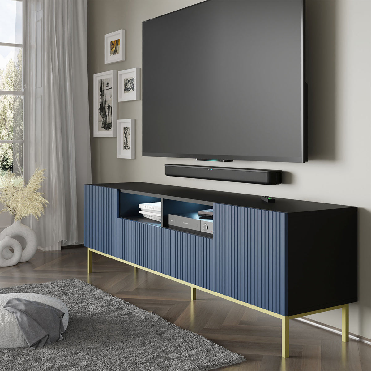 Meuble TV 2 portes 2 tiroirs 200 cm LED Philaé Bleu et Noir - vue 4