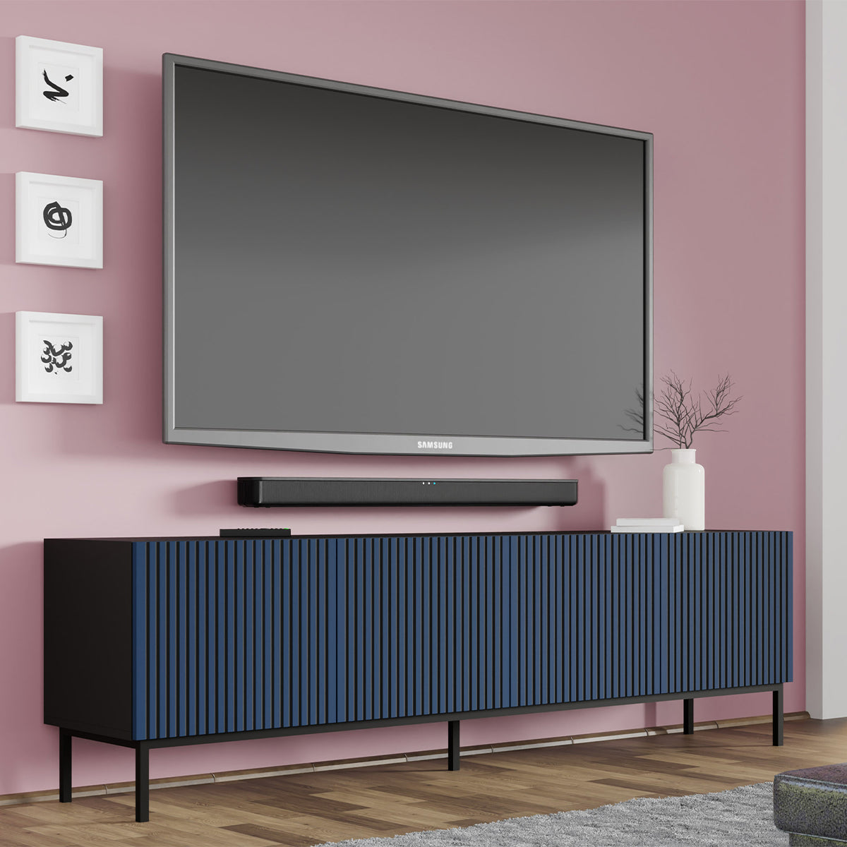 Meuble TV 4 portes 200 cm Philaé Bleu et Noir - vue 3