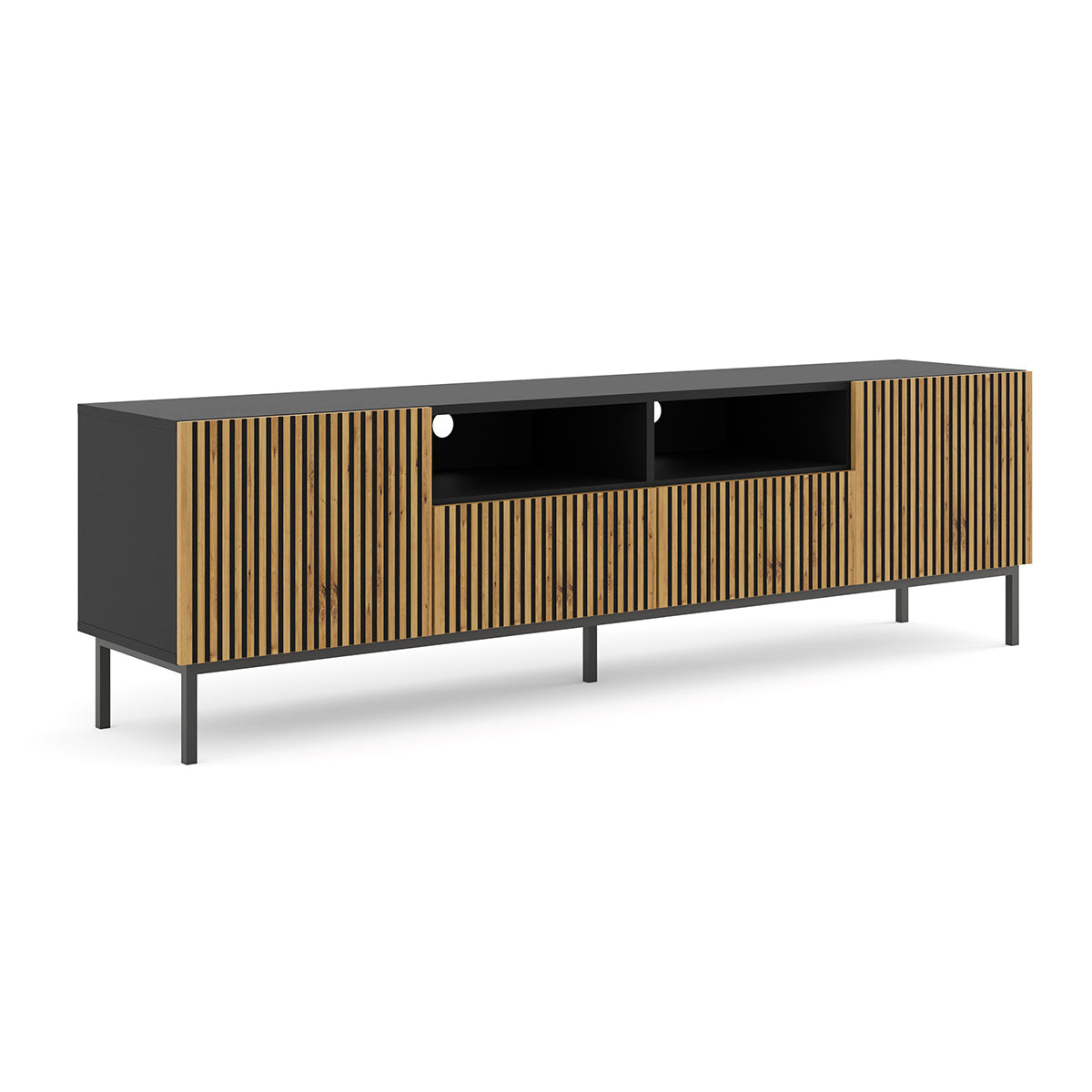 Meuble TV 2 portes 2 tiroirs 200 cm Philaé Bois et Noir