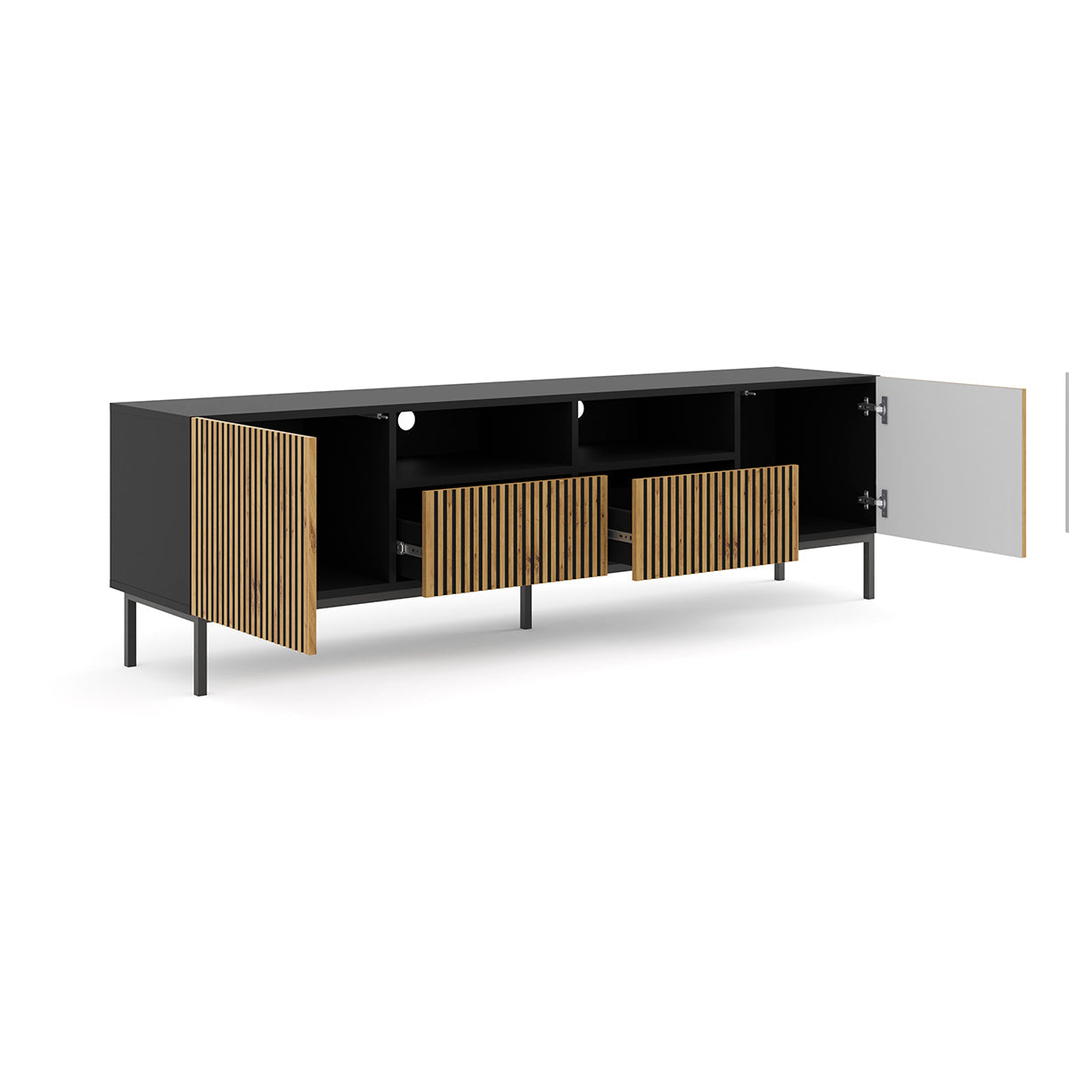 Meuble TV 2 portes 2 tiroirs 200 cm Philaé Bois et Noir - vue 2