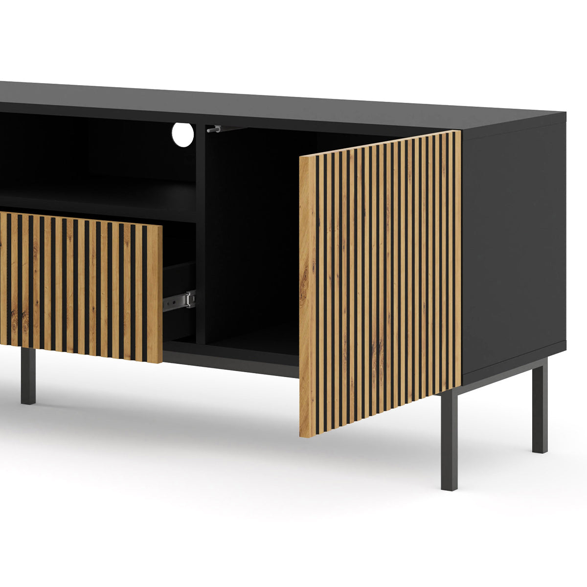 Meuble TV 2 portes 2 tiroirs 200 cm Philaé Bois et Noir - vue 3
