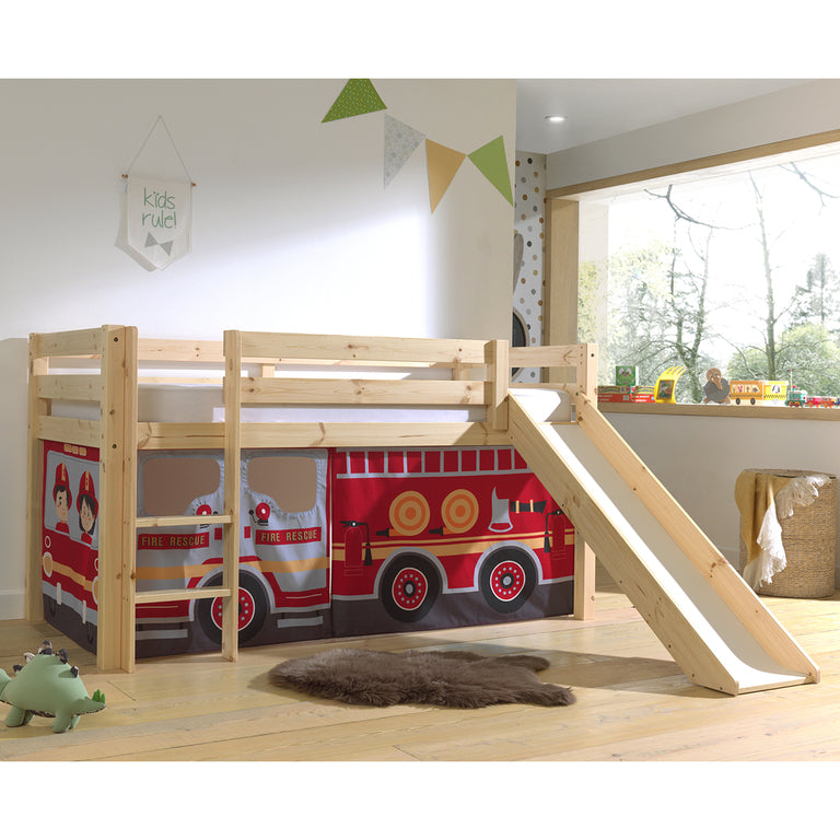 Lit Mi-Hauteur 90x200 Toboggan sommier inclus housse Pompier Vipack Pino Bois