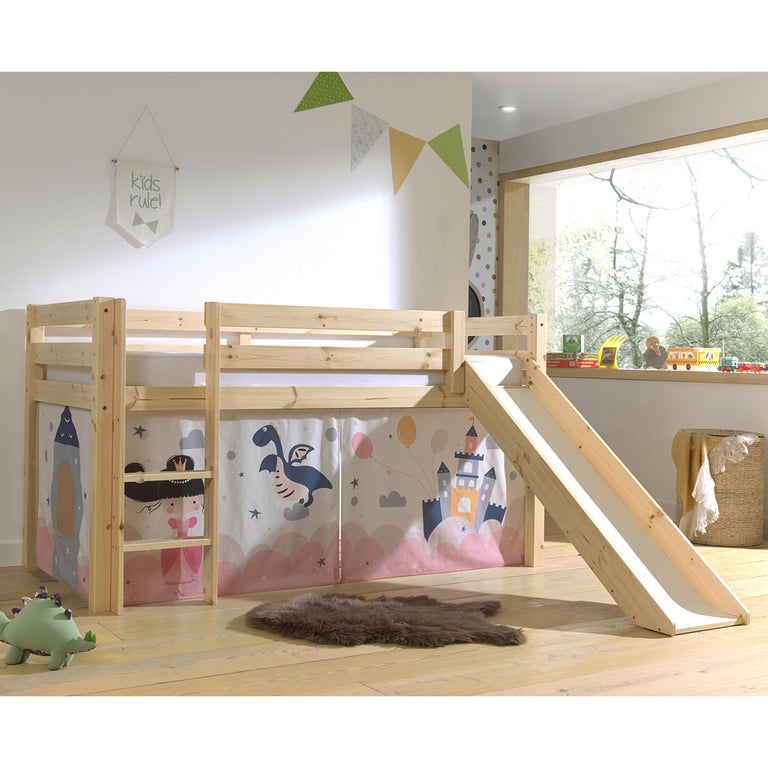 Lit Mi-Hauteur 90x200 Toboggan sommier inclus housse Fairy Vipack Pino Bois