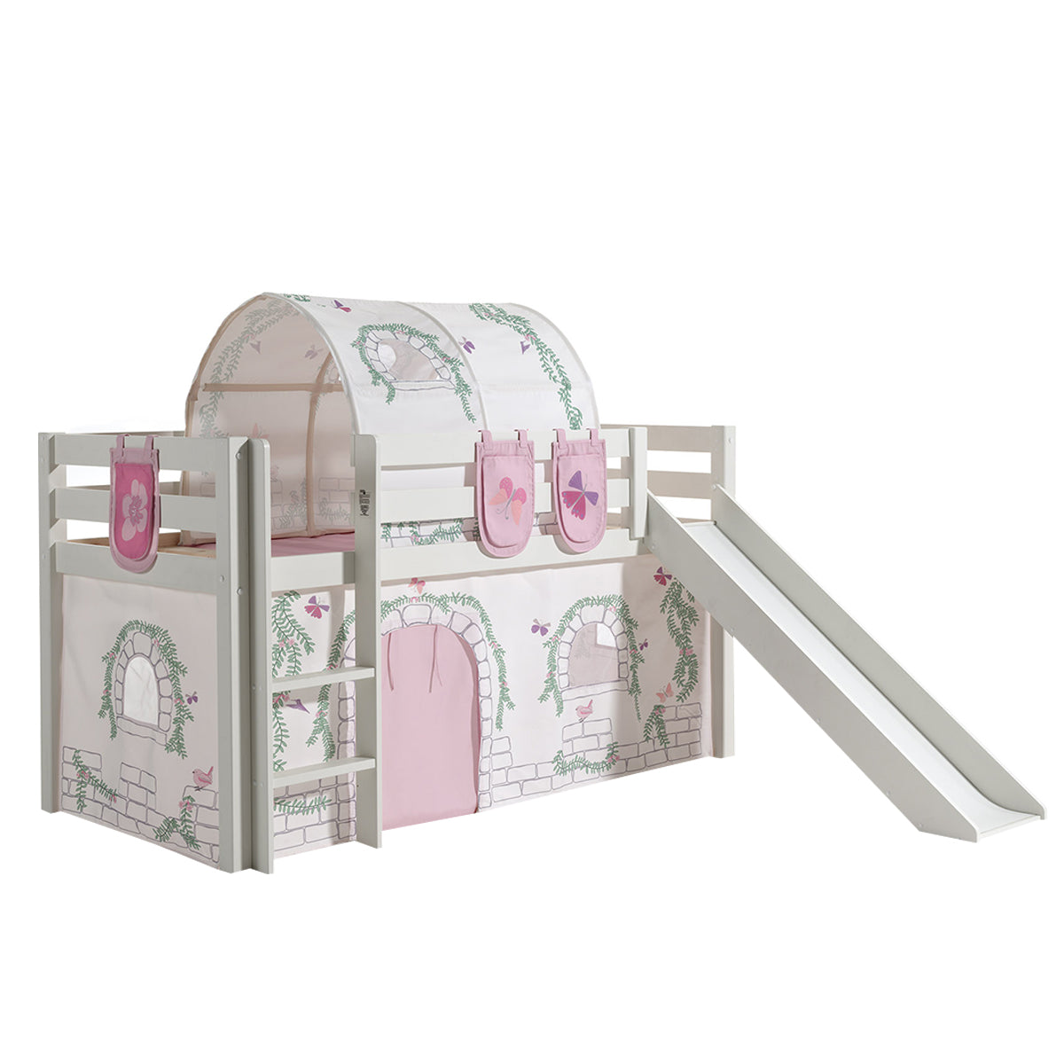 Lit Mi-Hauteur 90x200 avec Toboggan Sommier Inclus et Housse Birdy Vipack Pino - Blanc - vue 2