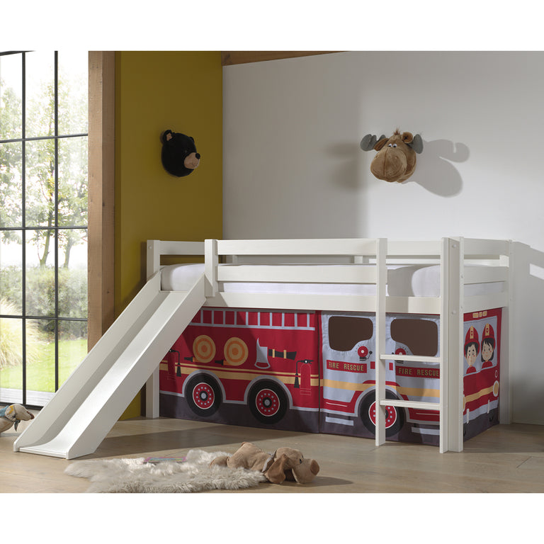 Lit Mi-Hauteur 90x200 Toboggan sommier inclus housse Pompier Vipack Pino Blanc