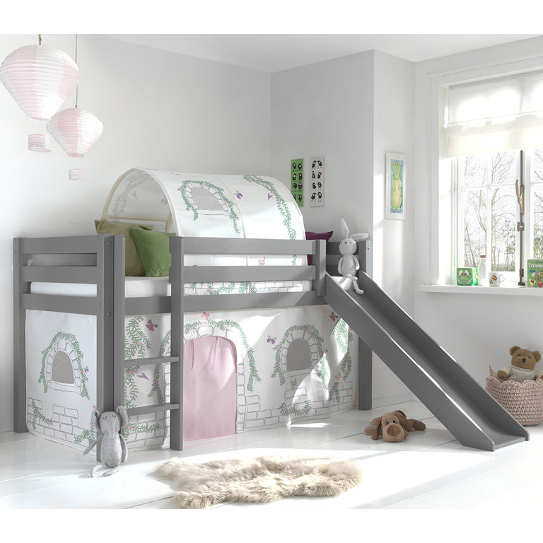Lit Mi-Hauteur 90x200 avec Toboggan Sommier Inclus et Housse Birdy Vipack Pino Gris