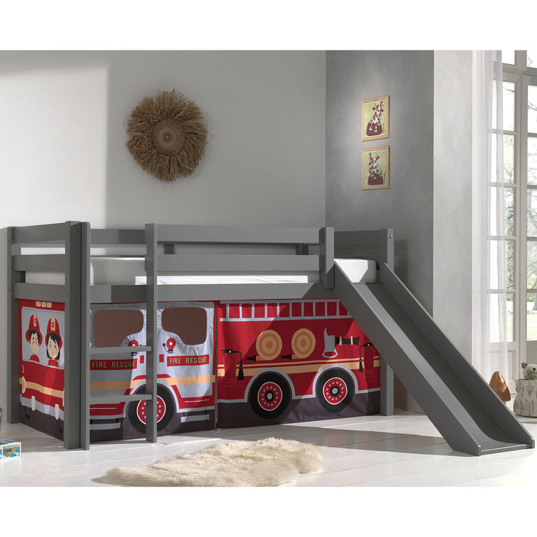 Lit Mi-Hauteur 90x200 Toboggan sommier inclus housse Pompier Vipack Pino Gris