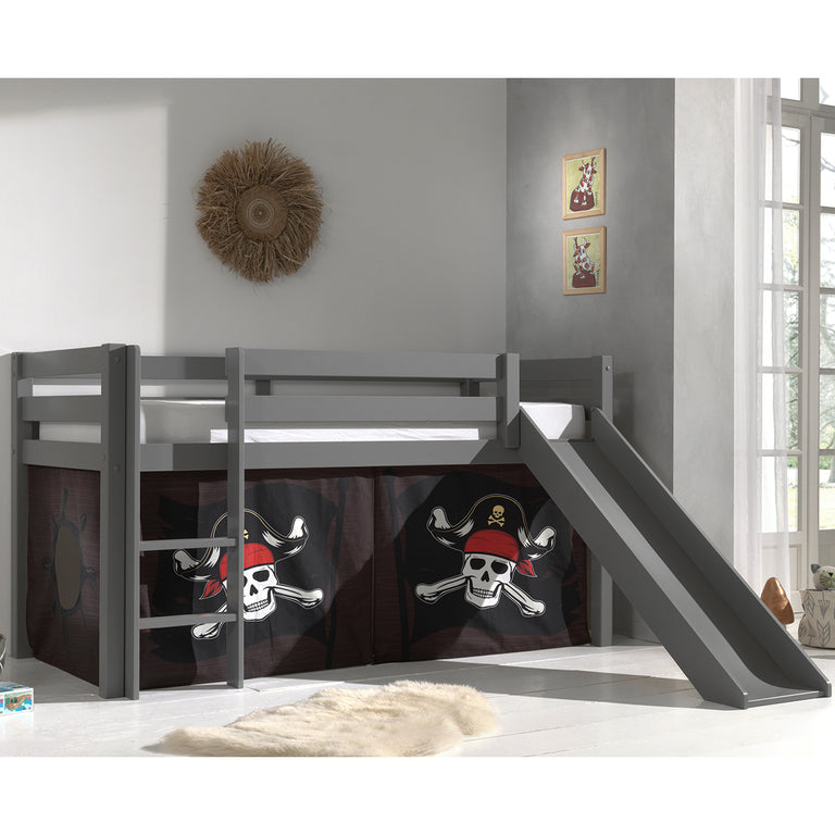 Lit Mi-Hauteur 90x200 Toboggan sommier inclus housse Pirate Vipack Pino Gris