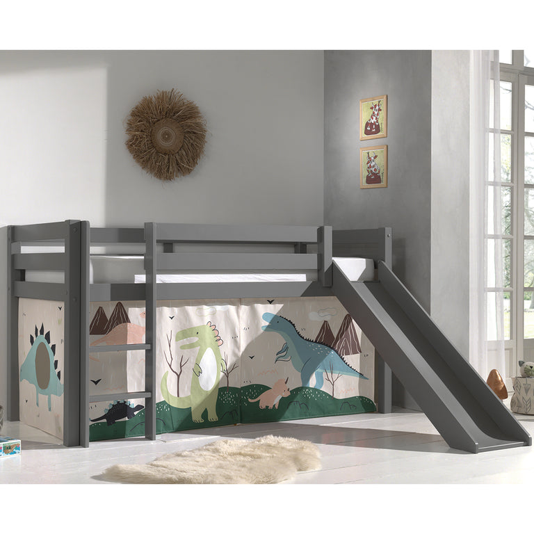 Lit Mi-Hauteur 90x200 Toboggan sommier inclus housse Dino Vipack Pino Gris