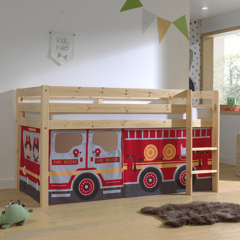 Lit Mi-Hauteur 90x200 sommier inclus housse Pompier Vipack Pino Bois