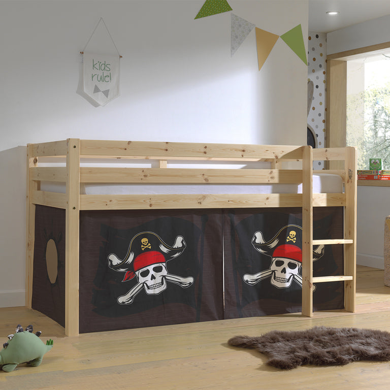 Lit Mi-Hauteur 90x200 sommier inclus housse Pirate Vipack Pino Bois