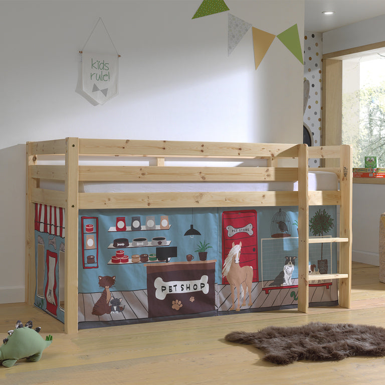 Lit Mi-Hauteur 90x200 sommier inclus housse Pet Shop Vipack Pino Bois