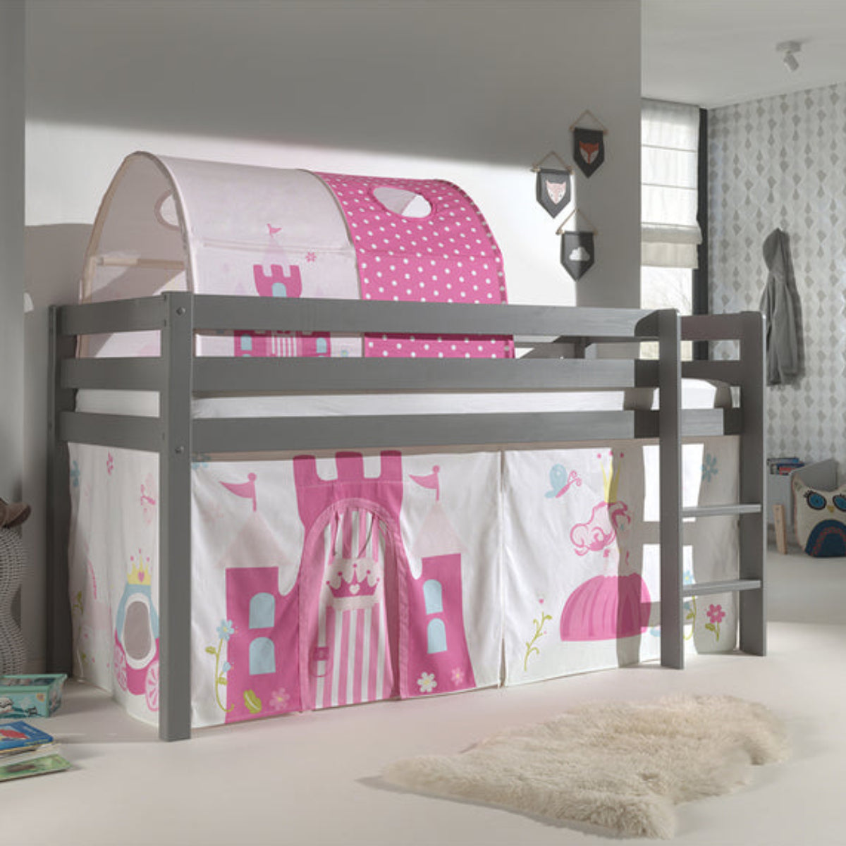 Lit Mi-Hauteur 90x200 Sommier Inclus et Housse Princesse Vipack Pino Gris