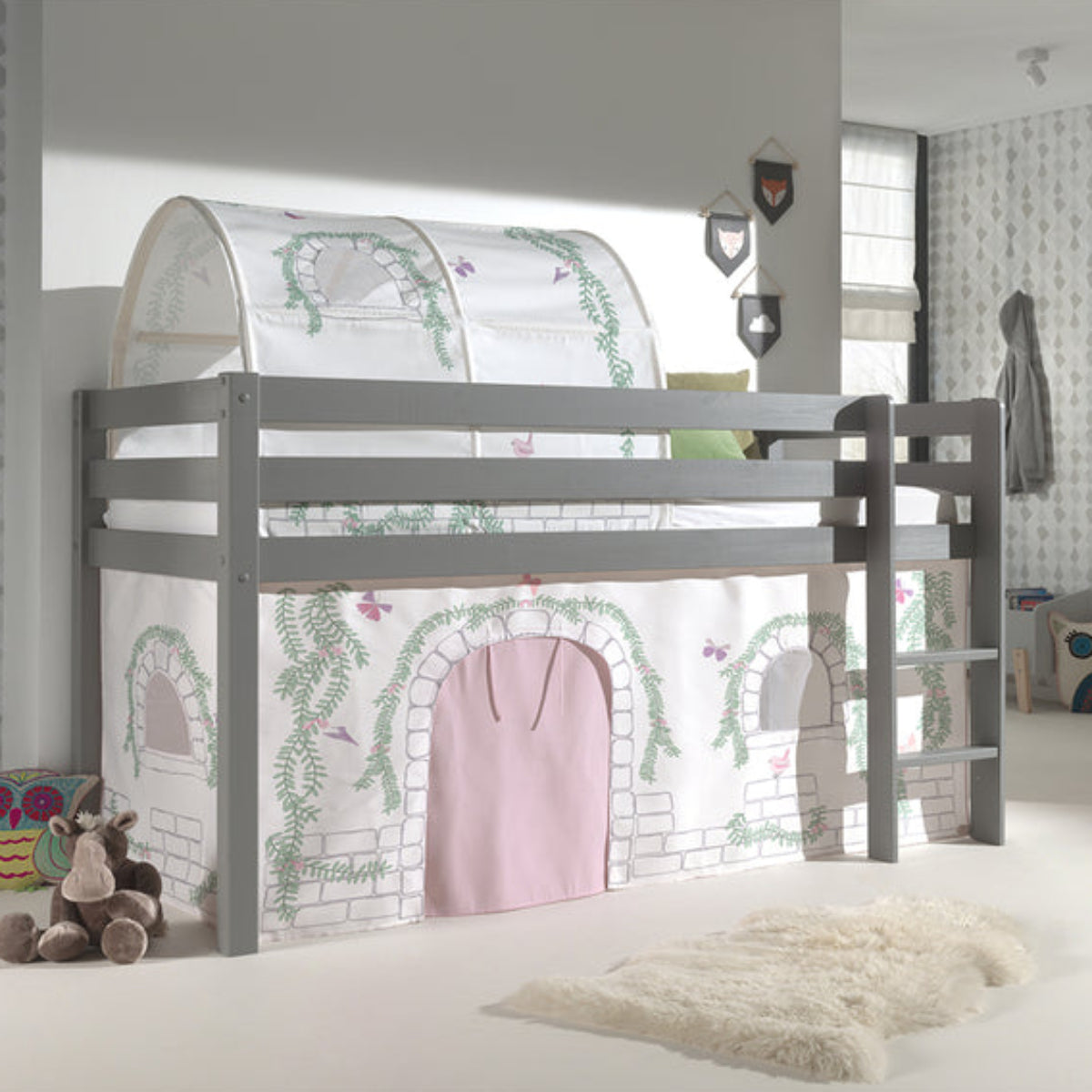 Lit Mi-Hauteur 90x200 Sommier Inclus et Housse Birdy Vipack Pino Gris