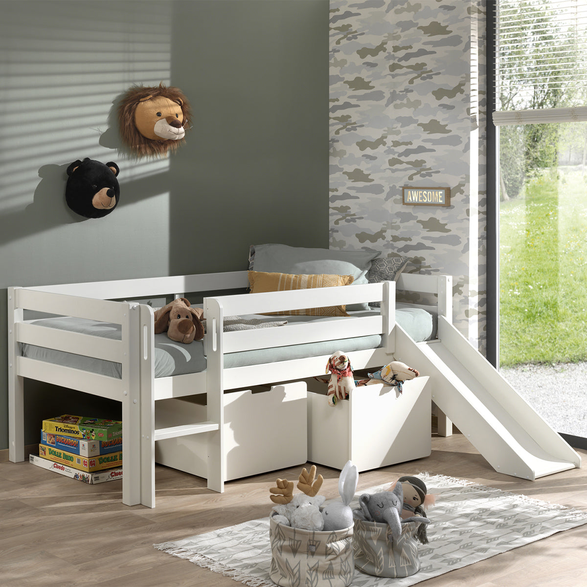 Lit mi-hauteur 90x200 toboggan sommier et tiroirs inclus Vipack Pino Blanc - vue 4