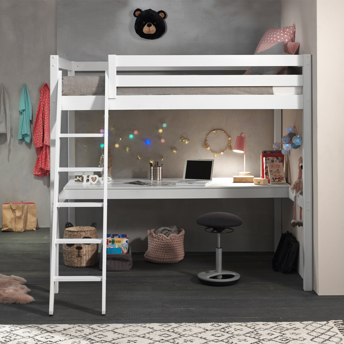 Lit Mezzanine 140x200 Sommier Inclus et Bureau Vipack Pino - Blanc - vue 3