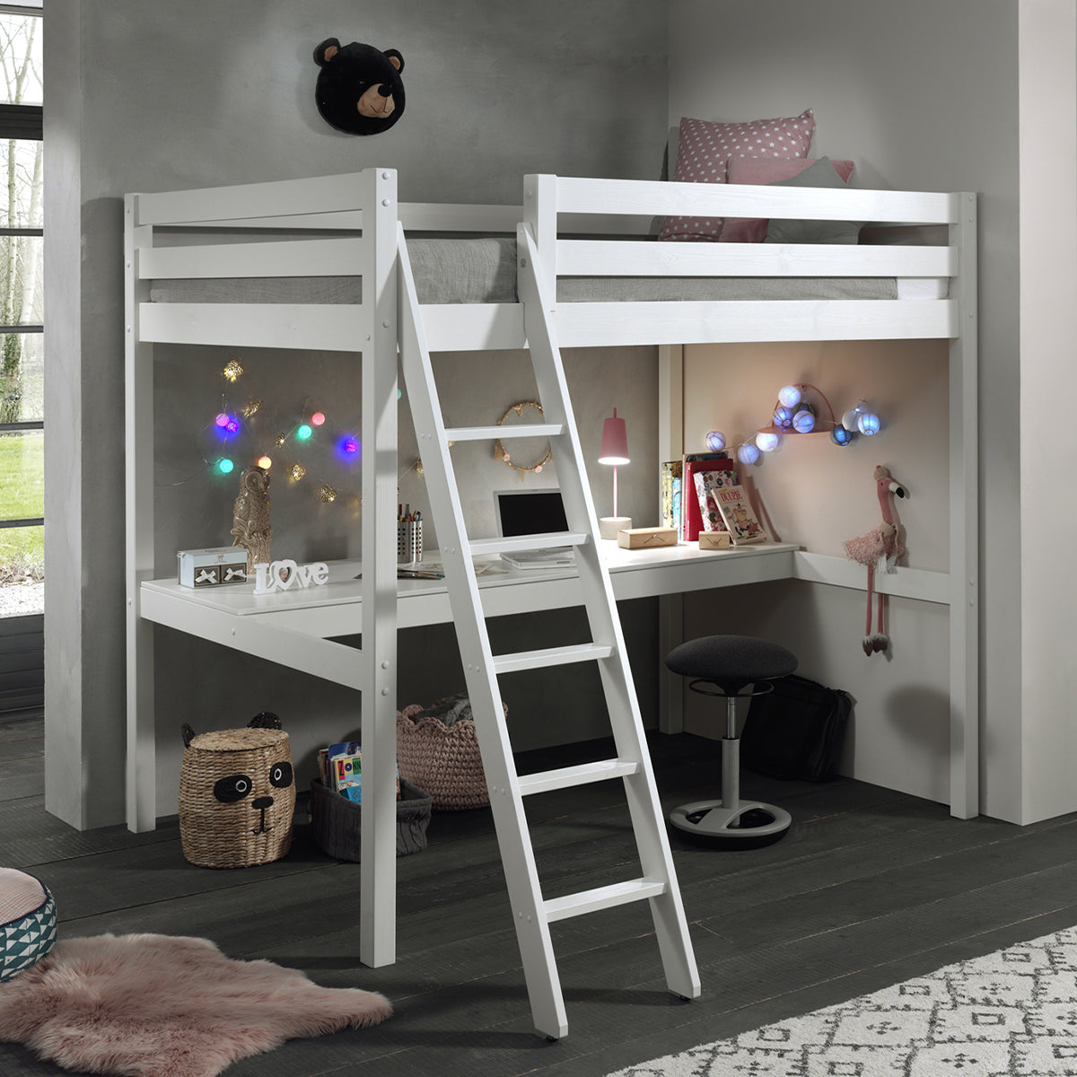 Lit Mezzanine 140x200 Sommier Inclus et Bureau Vipack Pino - Blanc - vue 2