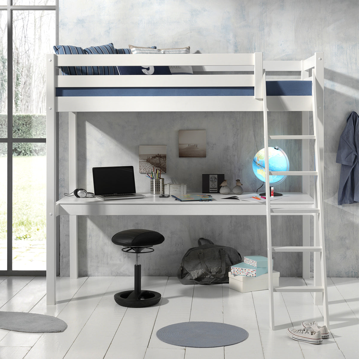 Lit Mezzanine 90x200 Sommier Inclus et Bureau Vipack Pino - Blanc - vue 3