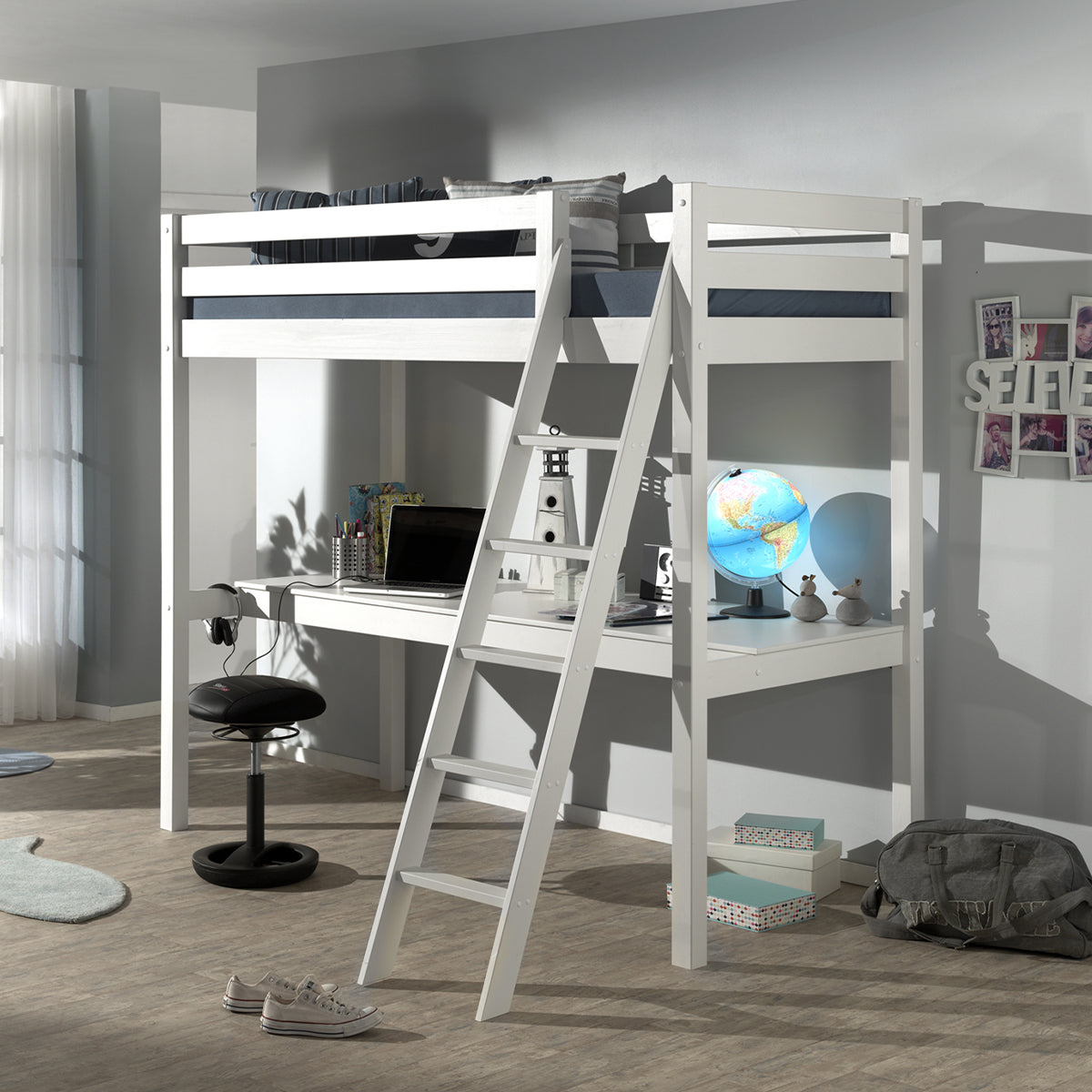 Lit Mezzanine 90x200 Sommier Inclus et Bureau Vipack Pino - Blanc - vue 2