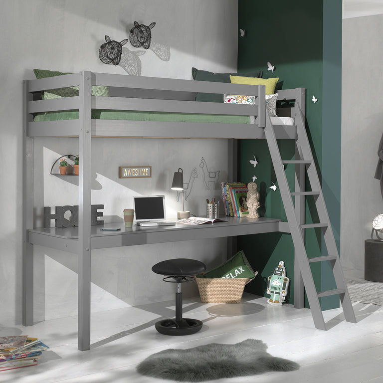 Lit Mezzanine 90x200 Sommier Inclus et Bureau Vipack Pino - Gris - vue 2