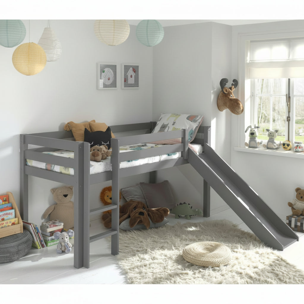 Lit Mi-Hauteur 90x200 avec Toboggan Sommier Inclus Vipack Pino Gris - vue 2