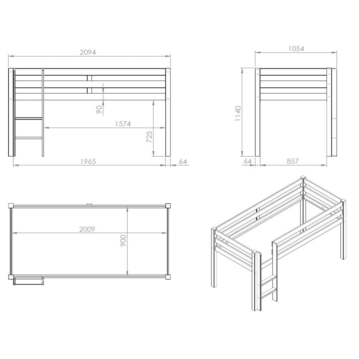 Lit Mi-Hauteur 90x200 Sommier Inclus Vipack Pino - Bois - vue 3