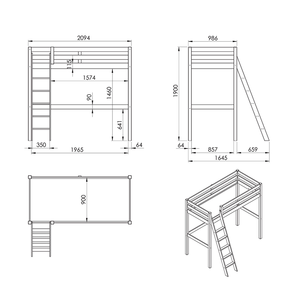 Lit Mezzanine 90x200 Sommier Inclus Vipack Pino - Blanc - vue 3
