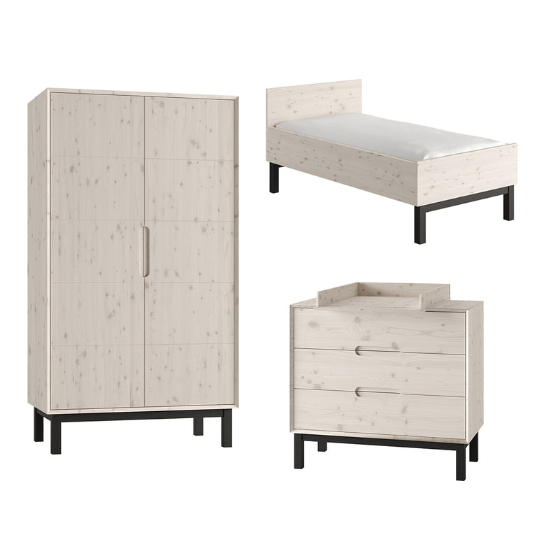 Chambre complète lit évolutif 70x140 commode à langer et armoire 2 portes Pinio Country Bois blanchi - vue 2