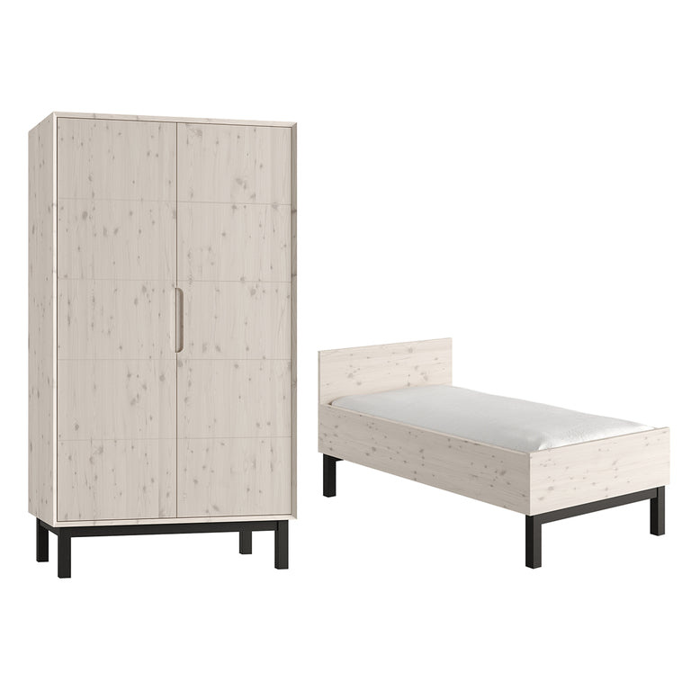 Lit évolutif 70x140 et armoire 2 portes Pinio Country Bois blanchi