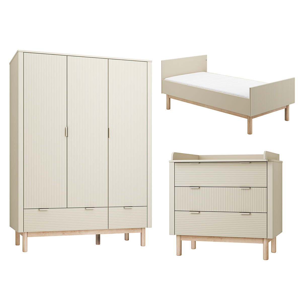 Chambre complète lit évolutif 70x140 commode à langer et armoire 3 portes Pinio Miloo Champagne - vue 2