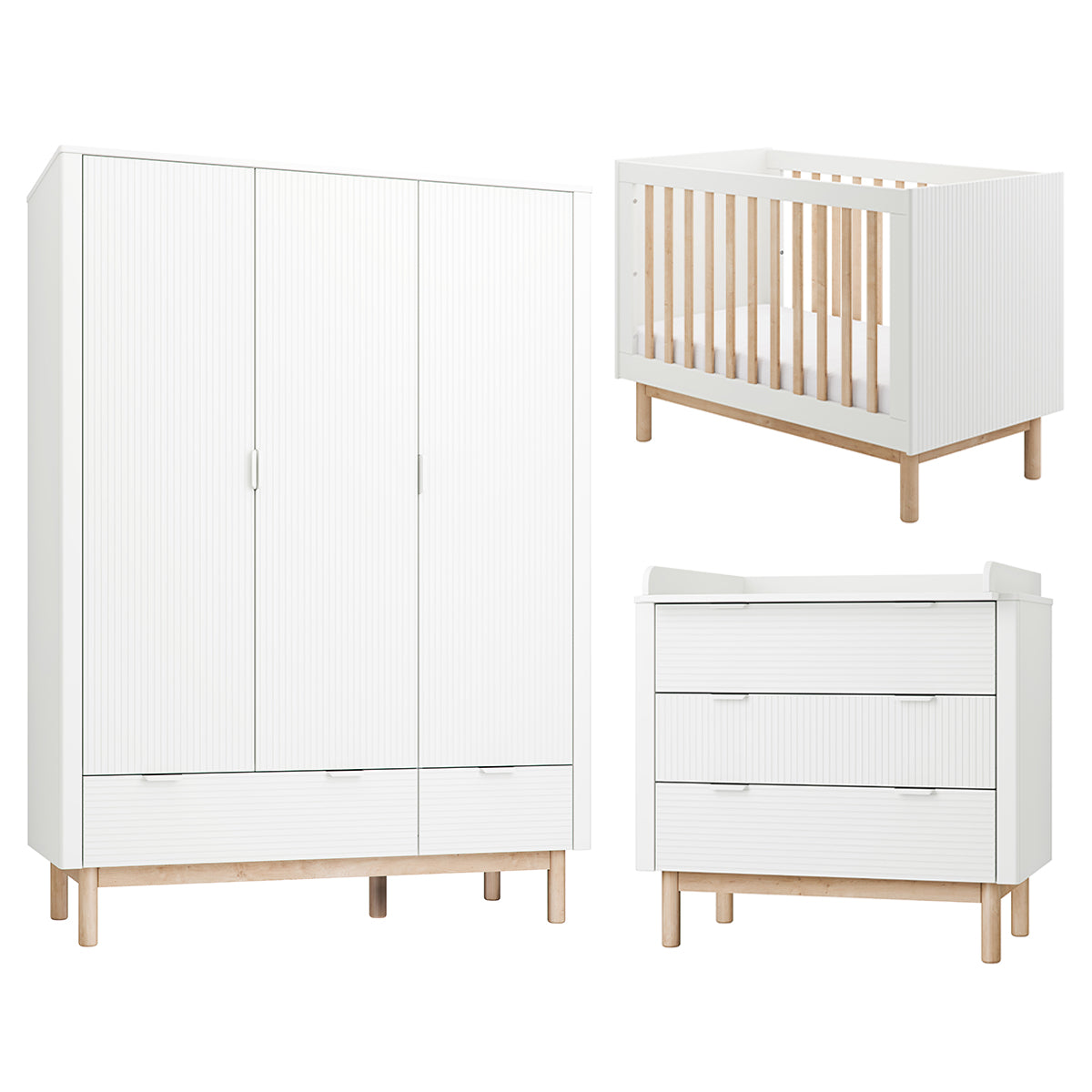 Chambre complète lit évolutif 60x120 commode à langer et armoire 3 portes Pinio Miloo Blanc - vue 2