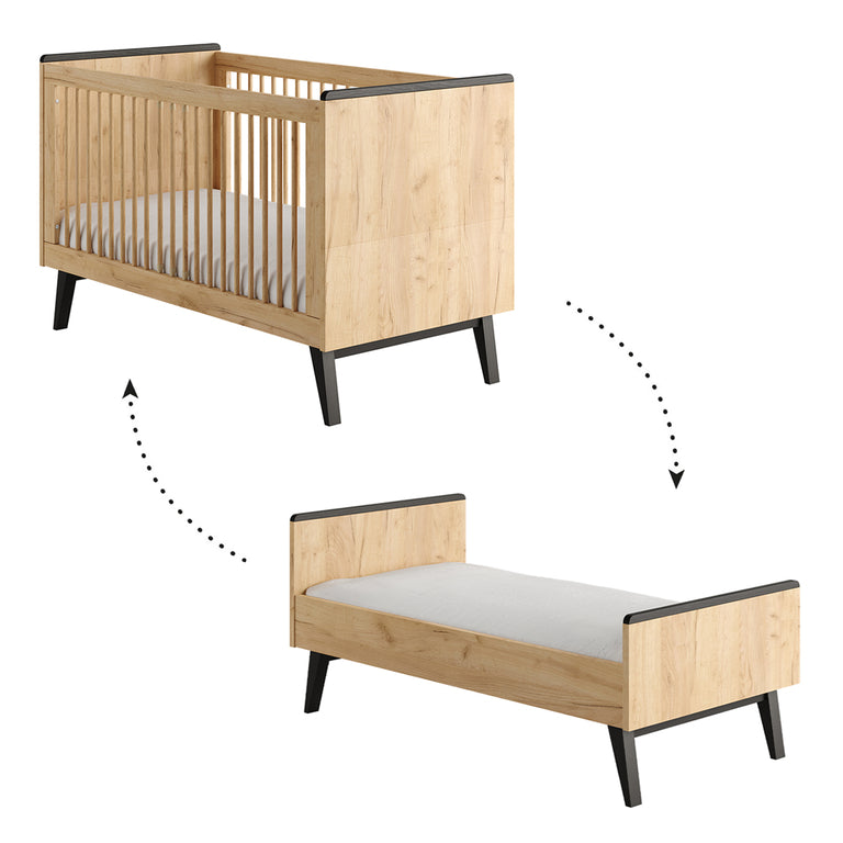 Lit évolutif 70x140 et commode 3 tiroirs Pinio Retro Bois - vue 2