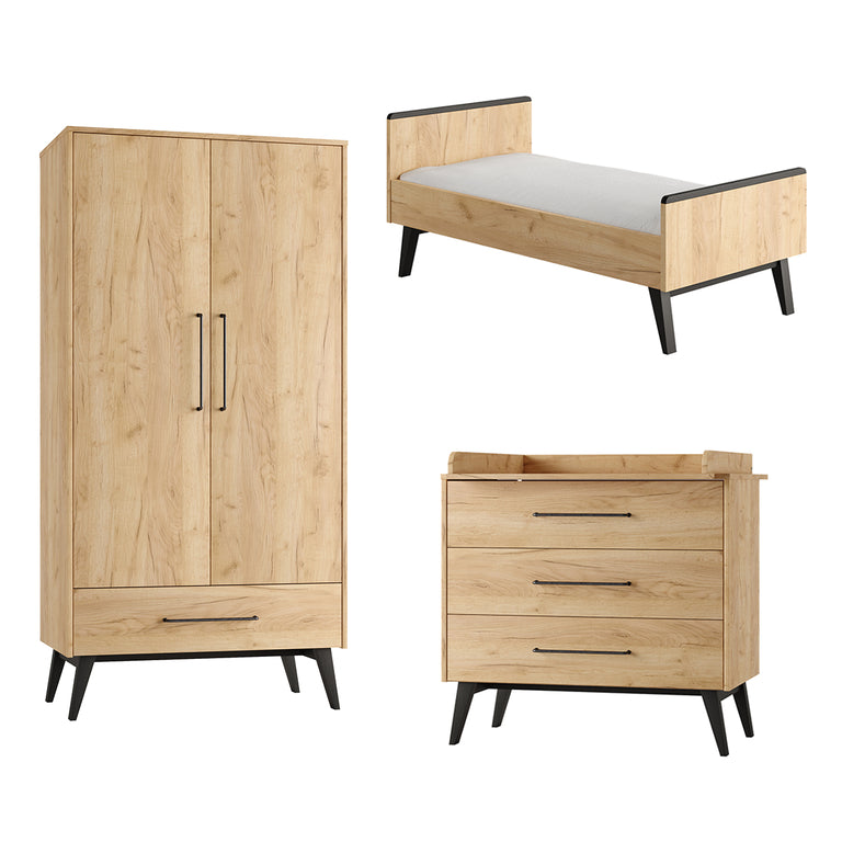 Chambre complète lit évolutif 70x140 commode à langer et armoire 2 portes Pinio Retro Bois - vue 2