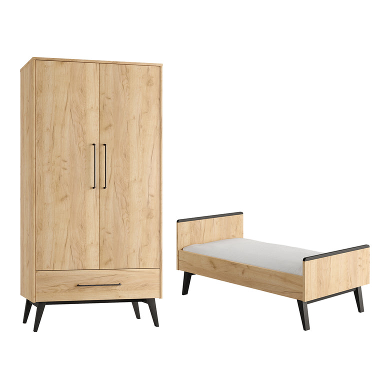 Lit évolutif 70x140 et armoire 2 portes Pinio Retro Bois