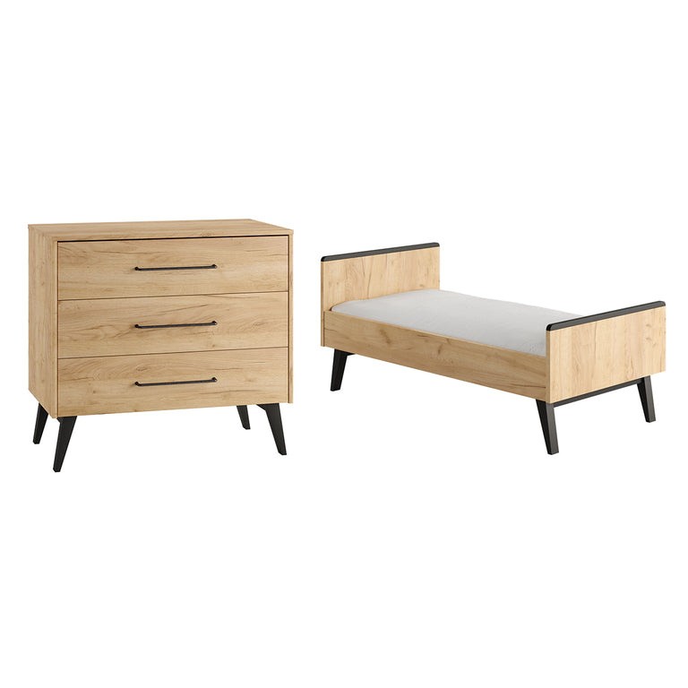 Lit évolutif 70x140 et commode 3 tiroirs Pinio Retro Bois
