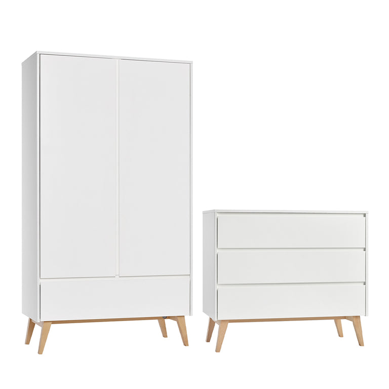 Commode 3 tiroirs et armoire 2 portes Pinio Swing - Blanc et bois