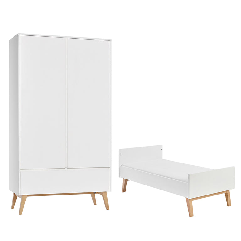 Lit évolutif 70x140 et armoire 2 portes Pinio Swing - Blanc et bois