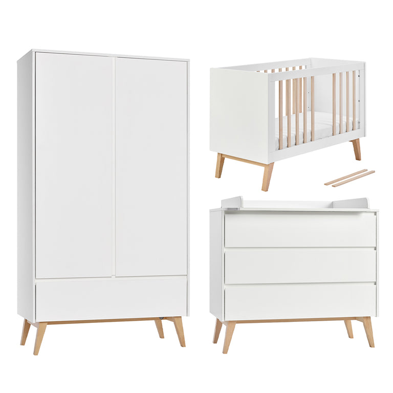 Chambre complète lit évolutif 60x120 commode à langer et armoire 2 portes Pinio Swing - Blanc et bois